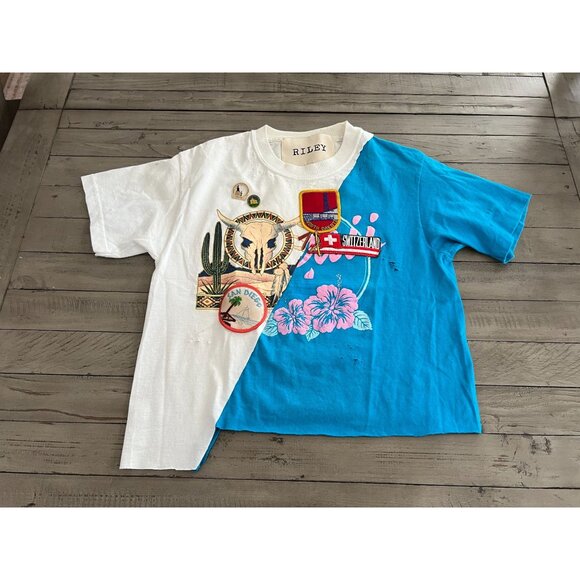 RILEY 1880 Vintage Clothing Custom Cropped Patchwork Tee T Shirt Size XS/S - Picture 2 of 5